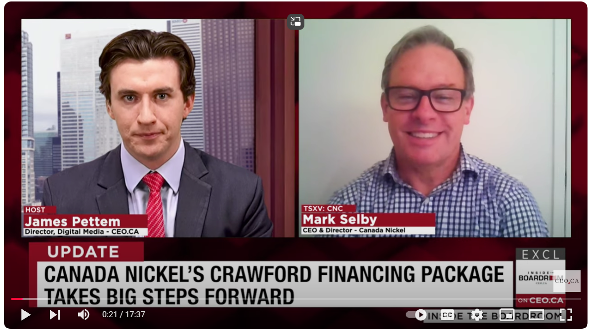 CEO.CA – Canada Nickel’s Crawford Financing Package Takes Big Steps Forward