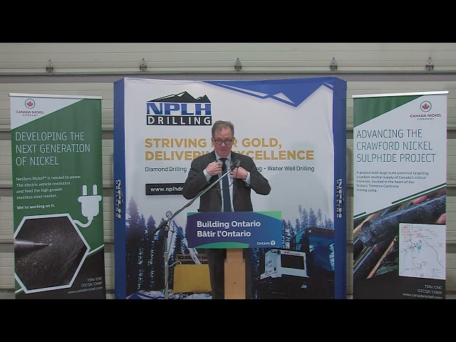 Canada Nickel – Press Conference, TIMMINS, ON – Mark Selby, CEO of Canada Nickel, George Pirie, MPP for Timmins, Ontario Minister of Mines, Michelle Boileau, Mayor for the City of Timmins, Chief Bruce Archibald of Taykwa Tagamou Nation discuss the development of NetZero Metals and its impact on the Timmins Nickel District and Canada.